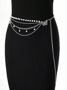 Y2K & 1pc Women Faux Pearl & Butterfly Decor Fashionable Chain Belt, For Dress Decoration Party Halloween Summer, School Fall, Autumn, Halloween - 銀色 - 查看 2