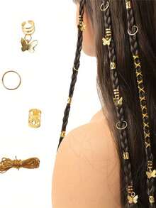 36pcs Golden Butterflies Ring Hair Cuffs Contain 1 Rope - Adjustable Boho Style Hair Jewelry For Dreadlocks & Braids - Gold - View 1