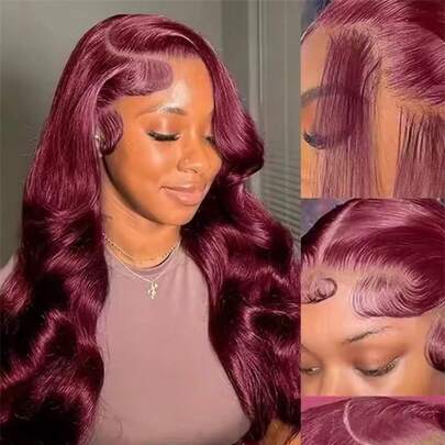 Eulisi 这款13x6英寸高清透明蕾丝前额假发，酒红色，采用真人发丝，无需胶水，预先拔毛，带有婴儿发际线，自然逼真，150%密度，#99J红色，60%真人发丝，适合女性佩戴。可打造中分、左侧分、右侧分、编发等多种发型。小结设计，适合初学者佩戴，简单方便，安装快捷，易于拆卸。