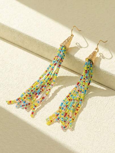 1对女士波西米亚风彩色串珠流苏耳环，百搭且适合度假佩戴