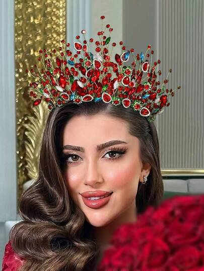 1 pieza Diadema con corona de cristal rojo glamorosa, accesorio para el cabello de novia adecuado para boda, fiesta, Pascua, festival, cumpleaños