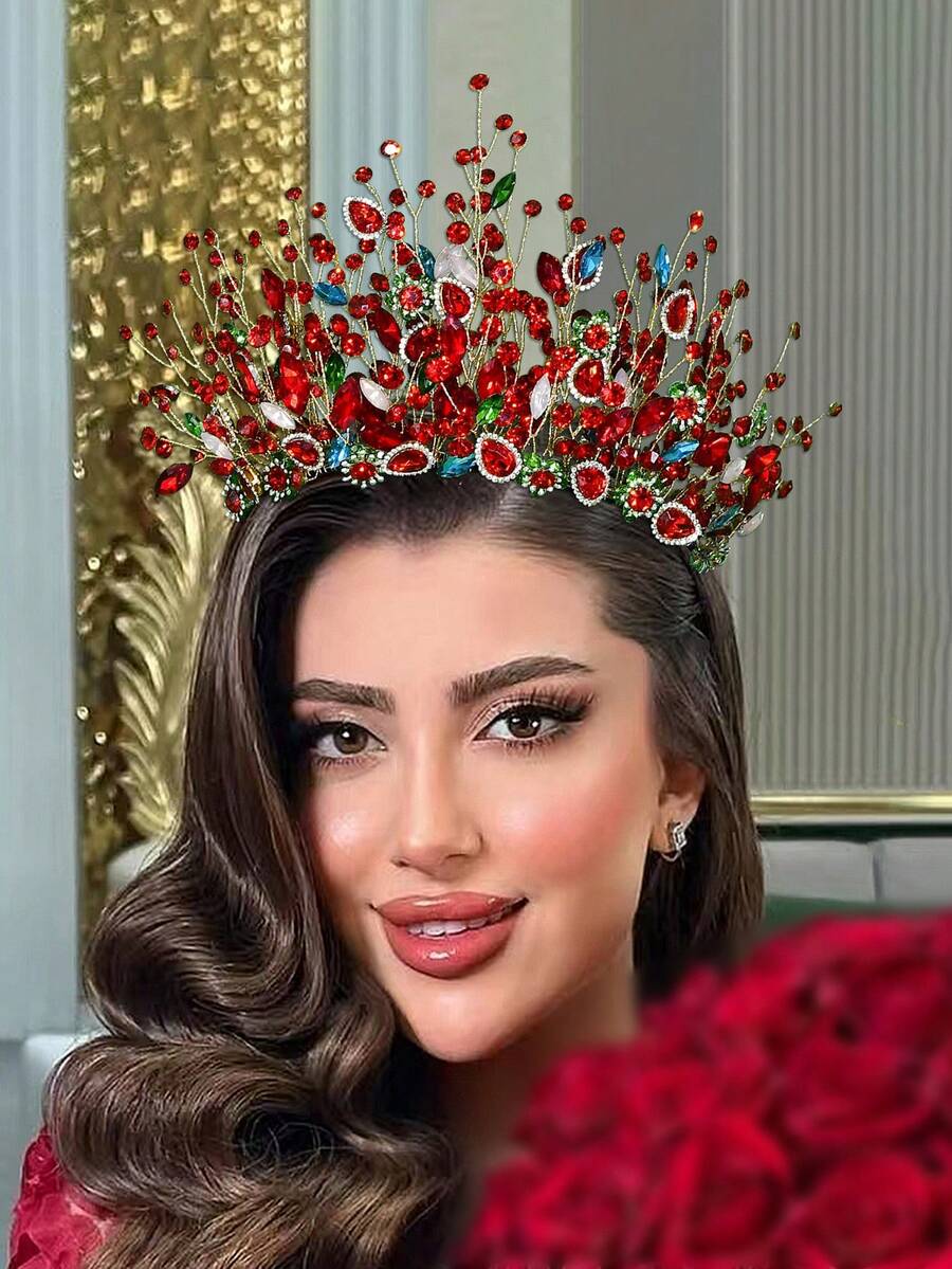 1pc Glamorous Red Crystal Crown Headband, Bridal Hair Accessory Suitable For Wedding, Party, Easter,Festival,Birthday - Red - View 1