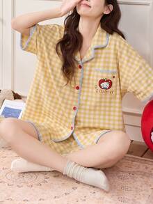 2pcs Women Pajama Set, Short Sleeve Cardigan And Shorts, Skin-Friendly Sleepwear For Summer - Yellow - View 6