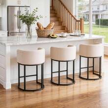 [Bar Stools]26" Counter Height Bar Stool 3 Pcs - Modern Barrel Design With Ergonomic Backrest & Armrests, Linen Upholstery & Sturdy Black Metal Frame For Kitchen Island, Breakfast Bar, Home Decor, Beige - Màu be - Xem 1
