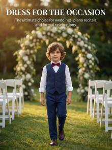 3pcs/Set Boys Formal Outfit White Long Sleeve Shirt Vest Pants For Holiday Party Daily School Birthday Wedding Wear - Navy Blue - View 2
