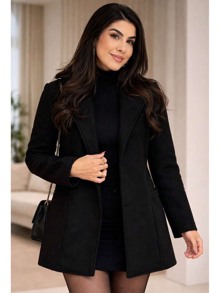 Women's Wool Overcoat, Long Sleeve, Elegant, Comfortable, Long Blouse, Autumn/Winter Fashion, Casual Coat, Formal Jacket - 黑色 - 查看 1