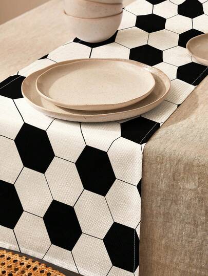 1pc Minimalist Geometric Football Texture Print Linen Table Runner/Placemat, Suitable For Holidays, Parties, Birthdays, Dinners, Kitchen & Dining Room Decor, Shoe Cabinet Cover, All Season Home Decor & Textile