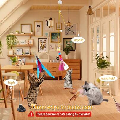 1pc Cat Teaser Wand Toy, Pet Artificial Feather Bell Replacement, Suitable For Cat Exercise And Entertainment, Handheld Wand With Interchangeable Insect Head Attachments