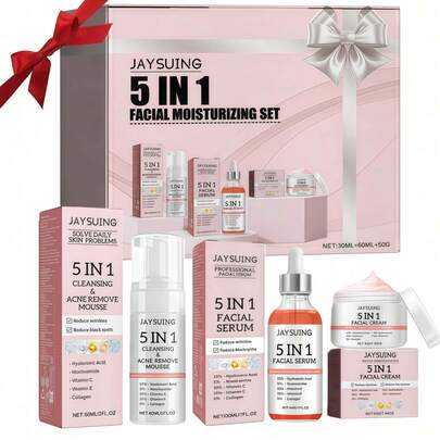 Set de 5 en 1 para Hidratación Facial: Espuma Limpiadora, Suero Facial, Crema Facial, con Efectos Hidratantes, Humectantes, Mejoradores, Blanqueadores, Iluminadores y Reafirmantes