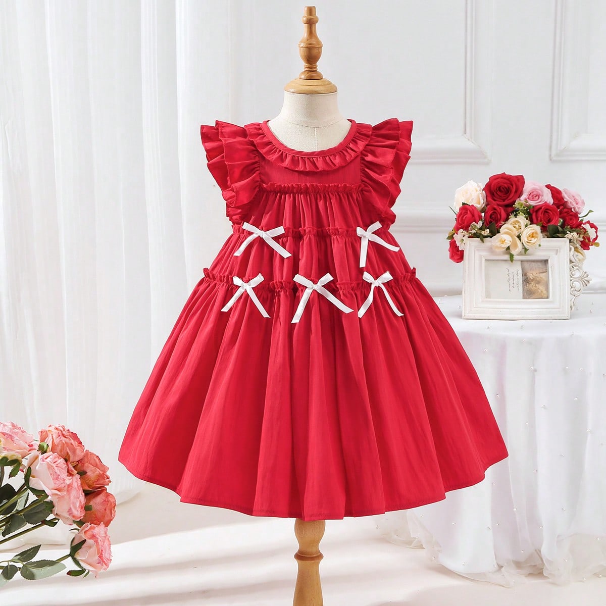 Vestido casual y lindo para niñas de 4 a 7 años, con diseño de volantes y lazo, cuello redondo y mangas cortas, adecuado para reuniones y eventos d