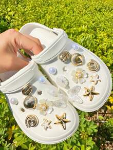 20件白色與金色海洋主題DIY鞋飾，花朵、貝殼、海星配件可拆卸，適用於有孔鞋款，節日禮物 - 白金 - 查看 4
