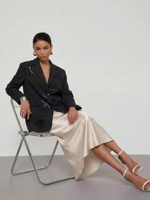 女士春夏职业竖条纹亮片刺绣西装外套，独特设计西装夹克 - 黑色 - 查看 9