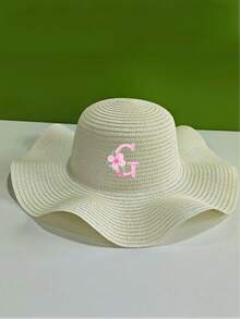 1顶女童A-Z粉色花朵字母白色优雅草帽宽檐防晒时尚外出/度假 - 白色 - 查看 11