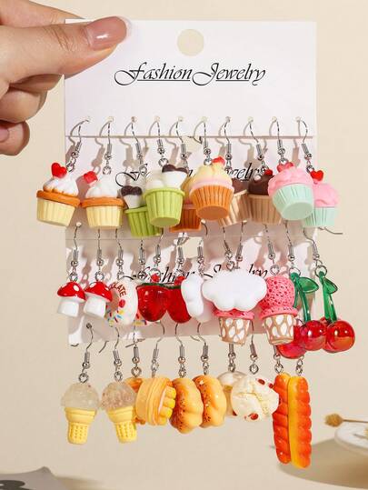 10/12/32pcs European & American Fresh Cartoon Resin Earrings For Women, Cute Simulated Mushroom, Cherry, Dessert, Cake Earring Sets