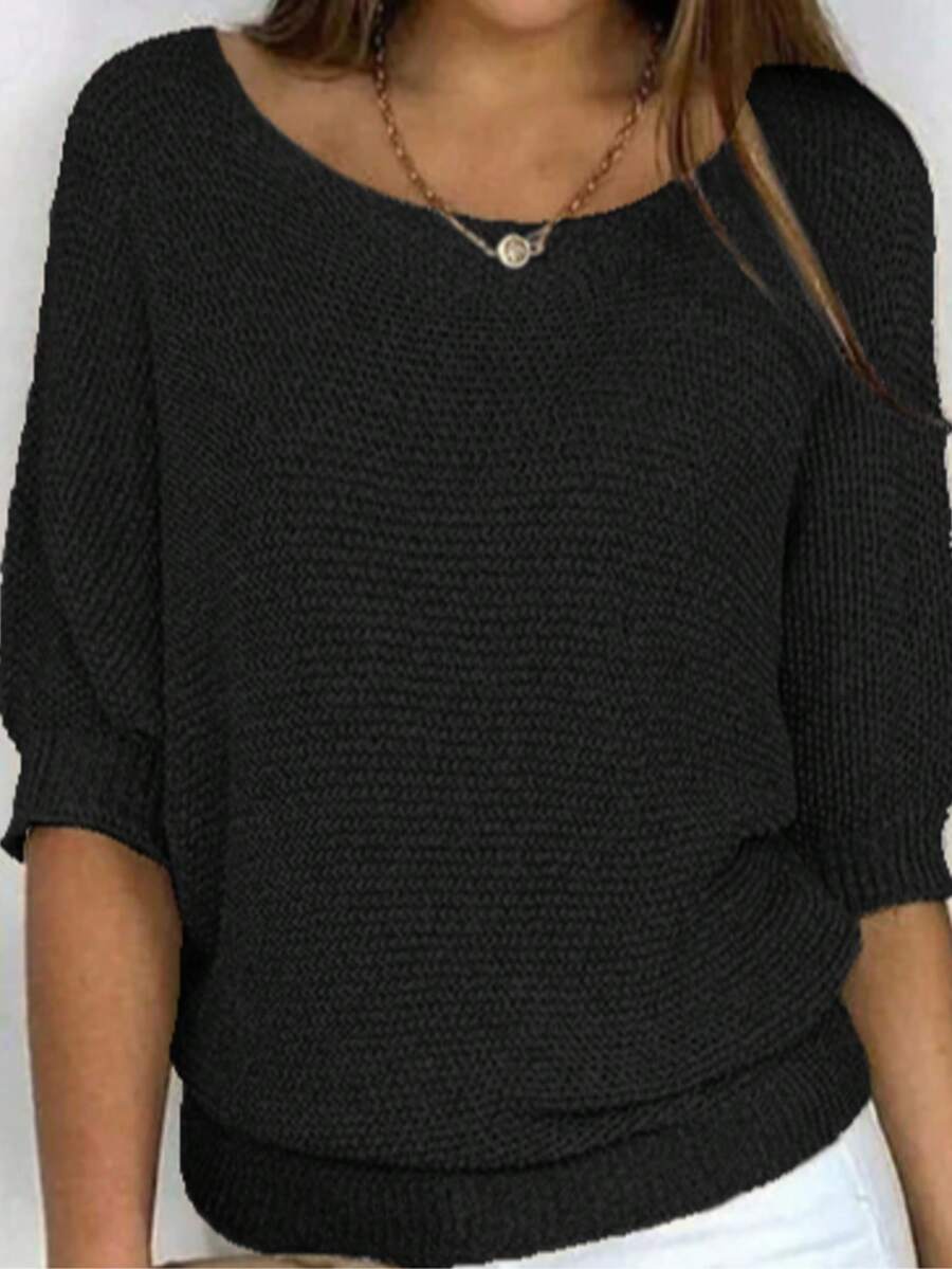 Pullover Wanita Longgar Kasual Warna Polos Leher Bulat Oversized Lengan Pendek Semi-Transparan, Musim Semi/Panas Hitam - Hitam - View 1