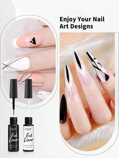 GLOZ Gel Liner Nail Art - Black And White Set With Built-In Thin Brush For Swirl Nail Designs And Soak-Off For French Nail Art French Tips DIY Manicure Soak Off UV Curing