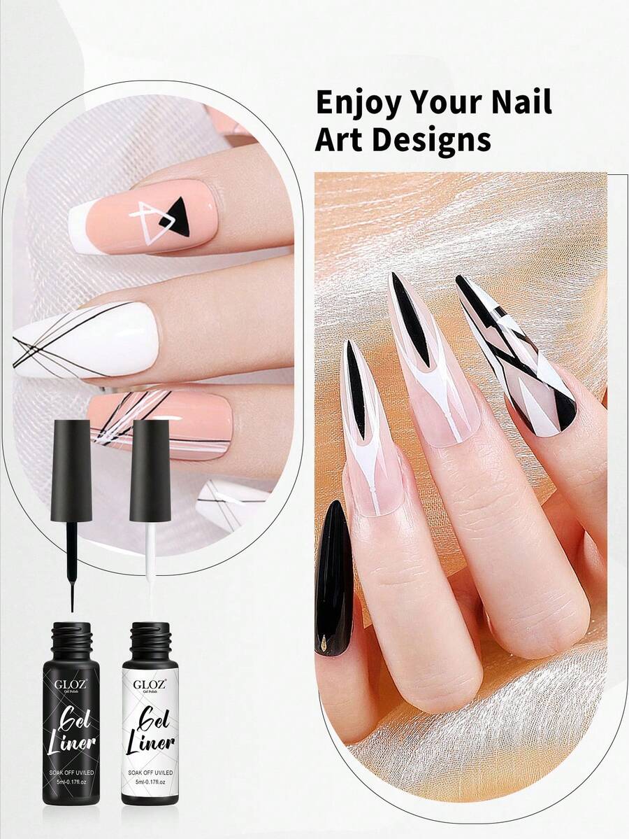 GLOZ Juego de delineador de gel para arte de uñas - Negro y Blanco con cepillo delgado incorporado para diseños de uñas en espiral y remojo para puntas francesas de arte de uñas francesas Hazlo tú mismo Manicura Remojo UV - Multicolor - Ver 1