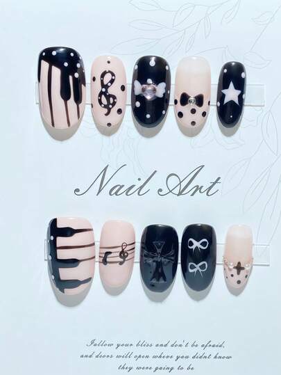 10片手工制作的按压式美甲，杏仁形，Y2K风格，可爱美甲，假指甲，哥特粉黑相间可佩戴美甲，椭圆形假指甲，饰有音符、蝴蝶结、十字架和星星，3D爱心翅膀亚克力美甲，3D美甲，亮面亚克力美甲，高端品质，可拆卸可重复使用，适合派对和音乐节。