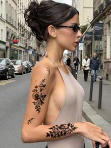 6 Piece Half Arm Flower Temporary Tattoos For Women, Real And Long-Lasting Fake Tattoos, Large Body Marker Tattoos And Hand Tattoo Stickers, Suitable For Adult Neck Arms - Black - View 6
