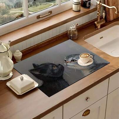 1 pieza Alfombrilla de secado de platos para cocina con estampado de gato lindo, súper absorbente, oculta manchas, con respaldo de goma, multiusos, adecuada para cafetera, escurridor de platos, encimera de cocina, taza de café