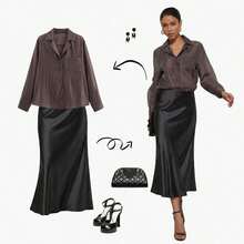 Women's Solid Color Button Front Collared Long Sleeve Shirt, Casual Work Blouse With Embroidered Pocket, Suitable For All Seasons Spring - Coffee Brown - View 3