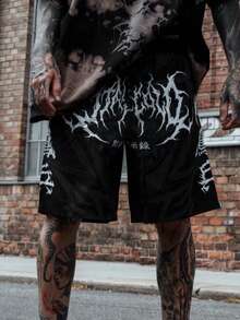 FRACTYR Men's Summer Casual Street Fashion Gradient Dark Metal Font Graphic Loose Breathable Printed Shorts - Black - View 5