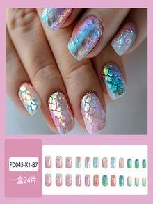 3D Fish Scale Holographic Square Nail Stickers, 24pcs Summer Vacation Manicure, Versatile False Nails - Pink - View 2