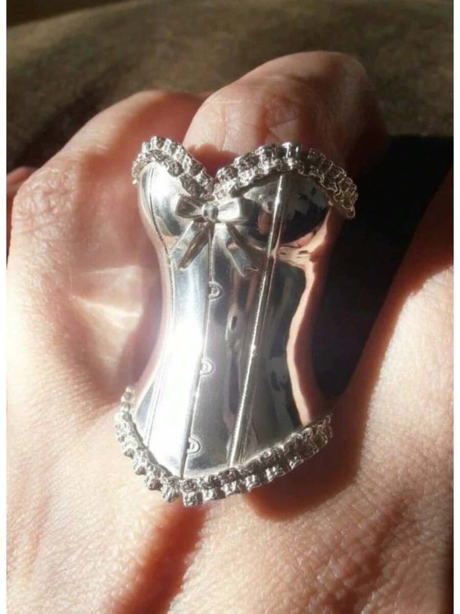 复古蕾丝蝴蝶结亮面戒指，精致个性化壁龛艺术 - 銀色 - 查看 1