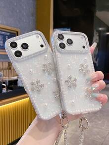 Luxury Rhinestone Flower Pearl Butterfly Shell Pattern Phone Case + Rhinestone Chain Strap, Suitable For IPhone 17 Pro Max/16/15/14/13/12/11, Pearl Rhinestone Phone Lanyard - Multicolor - View 7