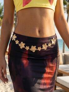 1pc Vintage Exaggerated Asymmetrical Plumeria Body Chain, Metal Carved Waist Chain, Beach Resort Party Jewelry Body Accessory - Gold - View 2