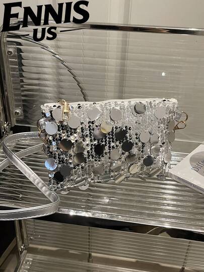 Bolsa pequena quadrada acolchoada com lantejoulas, em PVC, com fecho ajustável. Bolsa porta-moedas brilhante e moderna para celular, ideal para festas e eventos. Bolsa transversal com corrente, elegante e sofisticada. Perfeita para mulheres usarem em banquetes e festas.