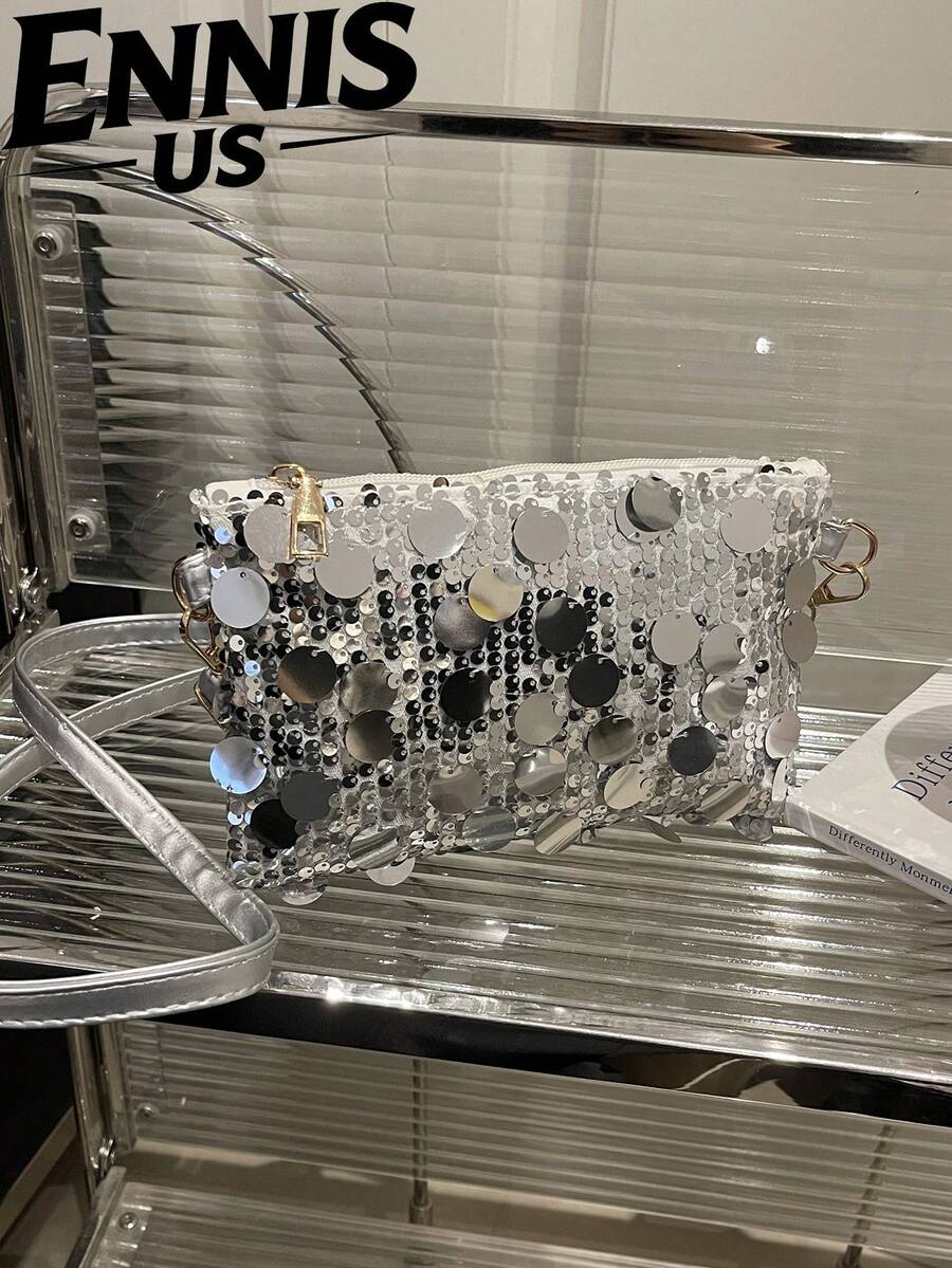 1 chiếc túi vuông nhỏ bằng PVC đính sequin, kiểu dáng chần bông, có thể đóng mở, dùng làm ví đựng tiền xu và điện thoại, túi dự tiệc, túi đeo chéo thời trang mới, túi đeo vai lấp lánh sang trọng, phù hợp cho phụ nữ tham dự tiệc và các sự kiện. - Bạc sáng - Xem 1