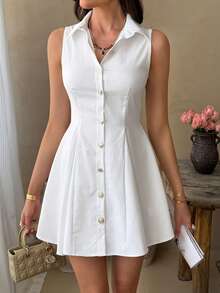 LiIyHouse Women's Summer Fashion And Elegance White Sleeveless Lapel Waist-Cinching And Slimming A-Line Shirt Dress, Suitable For Holiday Vacations, Parties, Commutes To The Office, Night Dates, And Dinner Parties - White - View 2