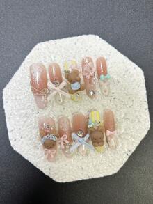 10片可爱3D咖啡熊法式美甲贴纸，甜美闪亮腮红假指甲，带雪花、珍珠、蕾丝、蝴蝶结装饰（1片果冻贴纸+1个指甲锉） - 淺粉色 - 查看 10