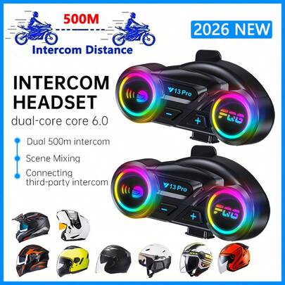 Y13 Pro Motorcycle Helmet Wireless Headphones 500M Intercom Version, With Bluetooth 5.4+5.4 Dual-Core Bluetooth Chip, RGB Lighting Effects, IP56 Waterproof And Dustproof, Built-In Intercom Indicator, Support Cross-Brand Intercom, Intercom Distance Up To 500M, Supports Half-Helmet And Full-Helmet, Large 1000mAh Battery, Supports Simultaneous Intercom And Music Sharing, Supports AI Voice Assistant