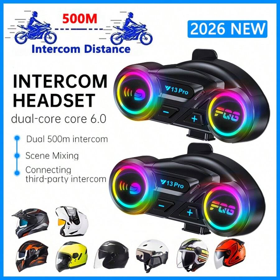 Y13 Pro Motorradhelm mit kabellosem Kopfhörer 500M Intercom Version, ausgestattet mit BT5.4+BT5.4 Dual-Core Bluetooth Chip, RGB Beleuchtungseffekten, IP56 wasserdicht und staubdicht, eingebauter Intercom-Indikator, unterstützt Intercom über Marken hinweg, Intercom-Reichweite bis zu 500M, kompatibel mit Halb- und Vollvisierhelmen, großer 1000mAh Akku, unterstützt gleichzeitiges Intercom und Musikwiedergabe, unterstützt KI-Sprachassistent
