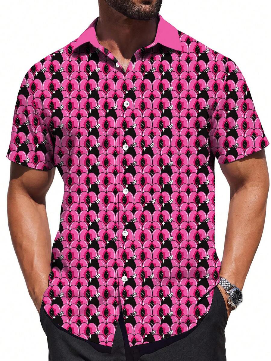 Vibrant Pattern Of Abstract Pink Berries Symbolizing Energy And Vitality In Nature 3D Print Casual Button Down Short Sleeve Men's Shirt For Summer Fashion - 白色 - 查看 1
