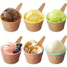 2 Pieces Set (1 Bowl And 1 Spoon) Creative Ice Cream Bowl Set With Stable Base And Spoon | Random Colors (Pink, Blue, Yellow, Green, Orange, Brown) - Suitable For Desserts, Pudding, Italian Ice Cream, Regular Ice Cream - Reusable Party Utensils - Multicolor - View 6