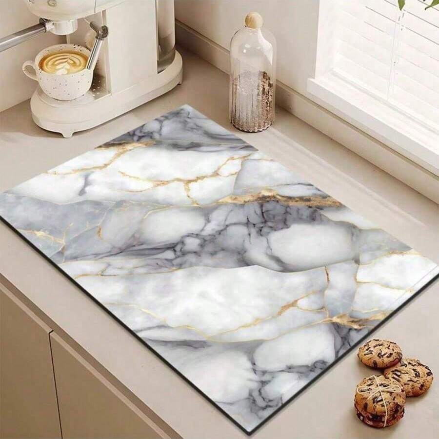 1 pieza, Alfombrilla de cocina con estampado de mármol, Alfombrilla para escurridor de platos, Alfombrilla para barra de café, Alfombrilla para encimera de cocina, Alfombrilla para secar utensilios. Adecuada para usar en cocinas, comedores, mesas de patio y con fines decorativos en ambientes de cocina.