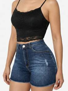 Vacation Style Women's Pocketed Ripped Frayed Hem High Waist Denim Shorts Casual Summer - Blue - View 3