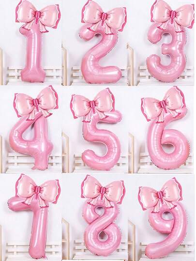 32-Inch Large Pink Foil Number Balloon With Bow Tie, Suitable For Children's Birthday Party Decoration And Photo Props