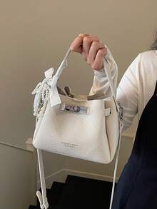 优雅手提包 女士新款单肩斜挎包 纹理锁扣水桶包 - 米色 - 查看 4