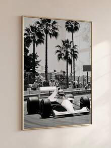 1pc Frameless Striking Black And White Racing Art Print, Vintage Racing Photography, Palm Tree Poster, Suitable For Bedroom, Dorm, Party Gift - Car - View 1
