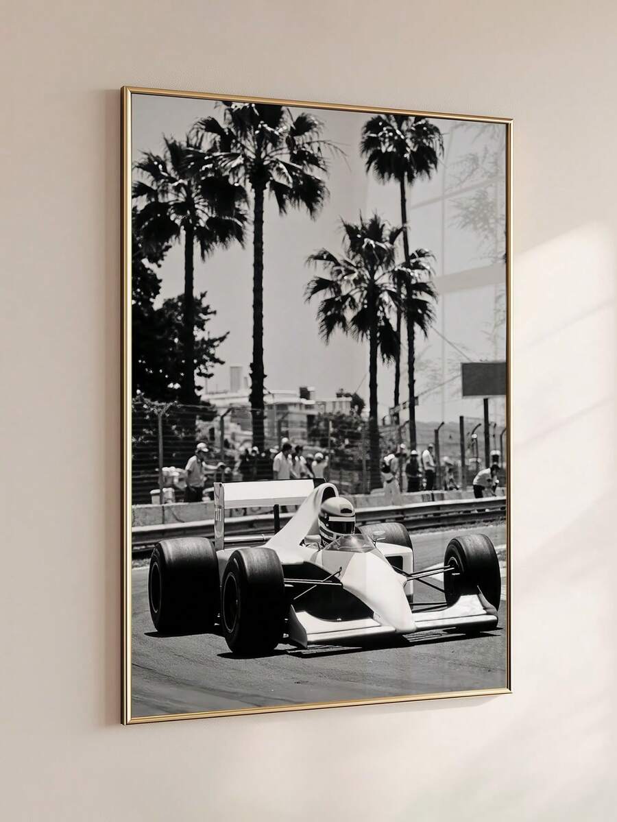 1pc Frameless Striking Black And White Racing Art Print, Vintage Racing Photography, Palm Tree Poster, Suitable For Bedroom, Dorm, Party Gift - Car - View 1