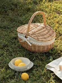 1pc Handmade Picnic Basket, Natural Wicker Basket, Rustic Style Wicker Picnic Basket Gift Basket With Lid, Handle And Lining, Suitable For Picnic, Party And BBQ, Basket, Woven Basket, Wicker Basket, Gift Basket, Wicker Basket, Picnic, Basket With Handle - A - View 3