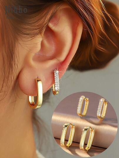 Hihho 2对长方形素面耳环+密镶钻石耳环套装，奢华精致的珠宝，适合日常通勤、轻松的工作场合、优雅的聚会，可搭配连衣裙、衬衫、西装外套。