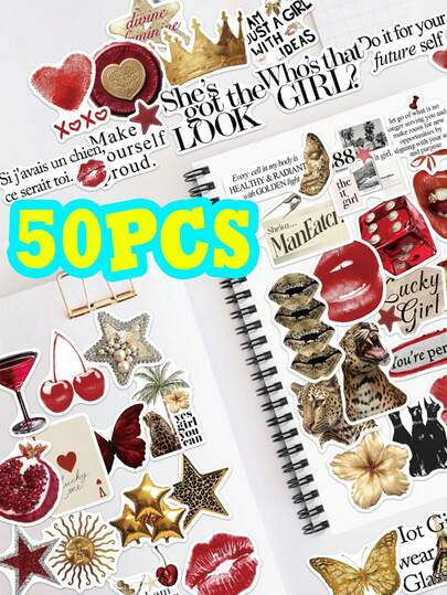 50 Gold And Red Fun English Stickers For Decorating Luggage, Phone Cases, Diaries, Account Materials, Holiday Birthdays, Perfect Gift Stickers