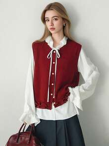 Alicedudu 女士休闲优雅可爱荷叶边开衫背心，春夏款 - 酒紅色 - 查看 4