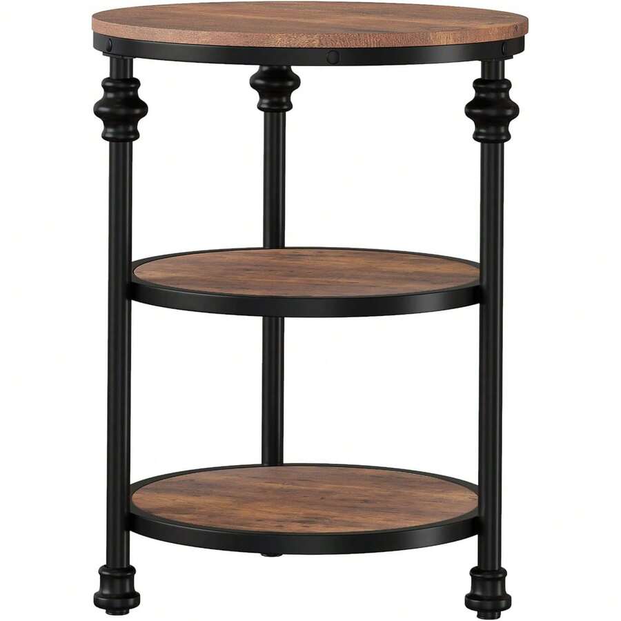 Mesa lateral redonda, mesa de esquina de 23,6 pulgadas con estantes de almacenamiento, mesa de acento de diseño de columna romana para sala de estar, dormitorio o esquina - Retro Marrón - Ver 1