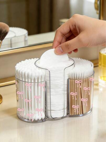 Hộp đựng đồ bằng nhựa trong suốt 3 ngăn họa tiết nơ hồng, hộp đựng mỹ phẩm để bàn, hộp đựng đồ trang điểm trong suốt - Hộp đựng đồ trang điểm hiện đại có nắp đậy, hộp đựng đồ trang điểm phòng tắm, thích hợp đựng cọ trang điểm, son môi, dụng cụ trang điểm, túi đựng mỹ phẩm, túi đựng đồ dùng vệ sinh cá nhân, hộp đựng đồ trên bàn làm việc, túi đựng mỹ phẩm.